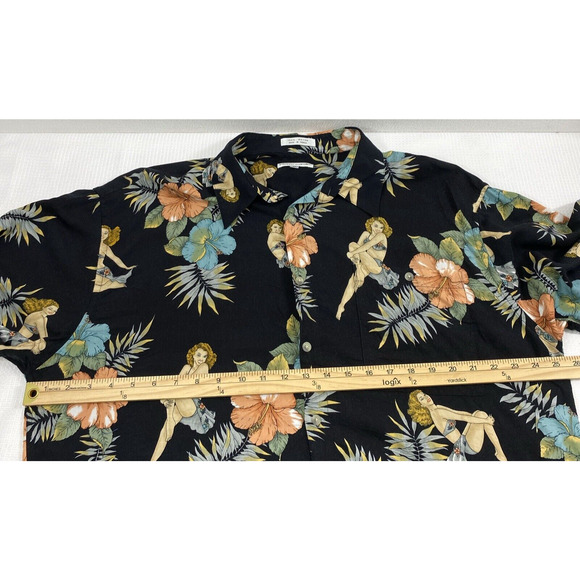 Pierre Cardin Hawaiian Shirt Mens XL Black Tropical Floral Sexy Lady Button Down - Picture 5 of 9